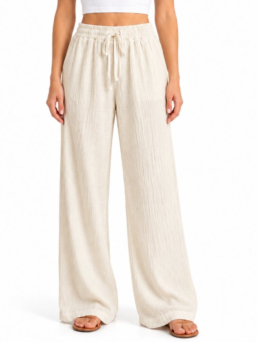 Cream Beige Crinkle Wide Leg Drawstring Pants Women’s Small